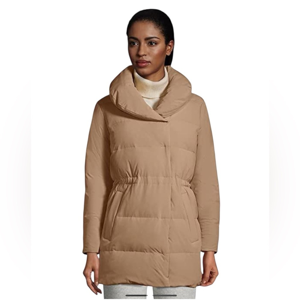 Land's End Super Puff Quilted Stretch Down Wrap Coat Beige Down Feather Filled
